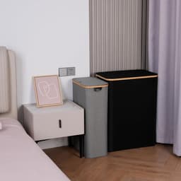 efluky Wasmand met deksel, 75 liter, smalle wasmand met wasbare binnenzak, grijze wasmand met bamboehandgrepen, opvouwbare wasmanden voor bijkeuken, slaapkamer, badkamer — thumbnail 3