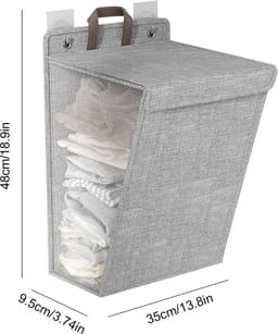 REDOM Wasmand 35 x 9,5 x 48 cm – Hangend en Opvouwbaar – Ruimtebesparend met 2 Zelfklevende Haken – Voor Badkamer, Slaapkamer en Wasruimte – Katoen-Linnen – Grijs — thumbnail 2