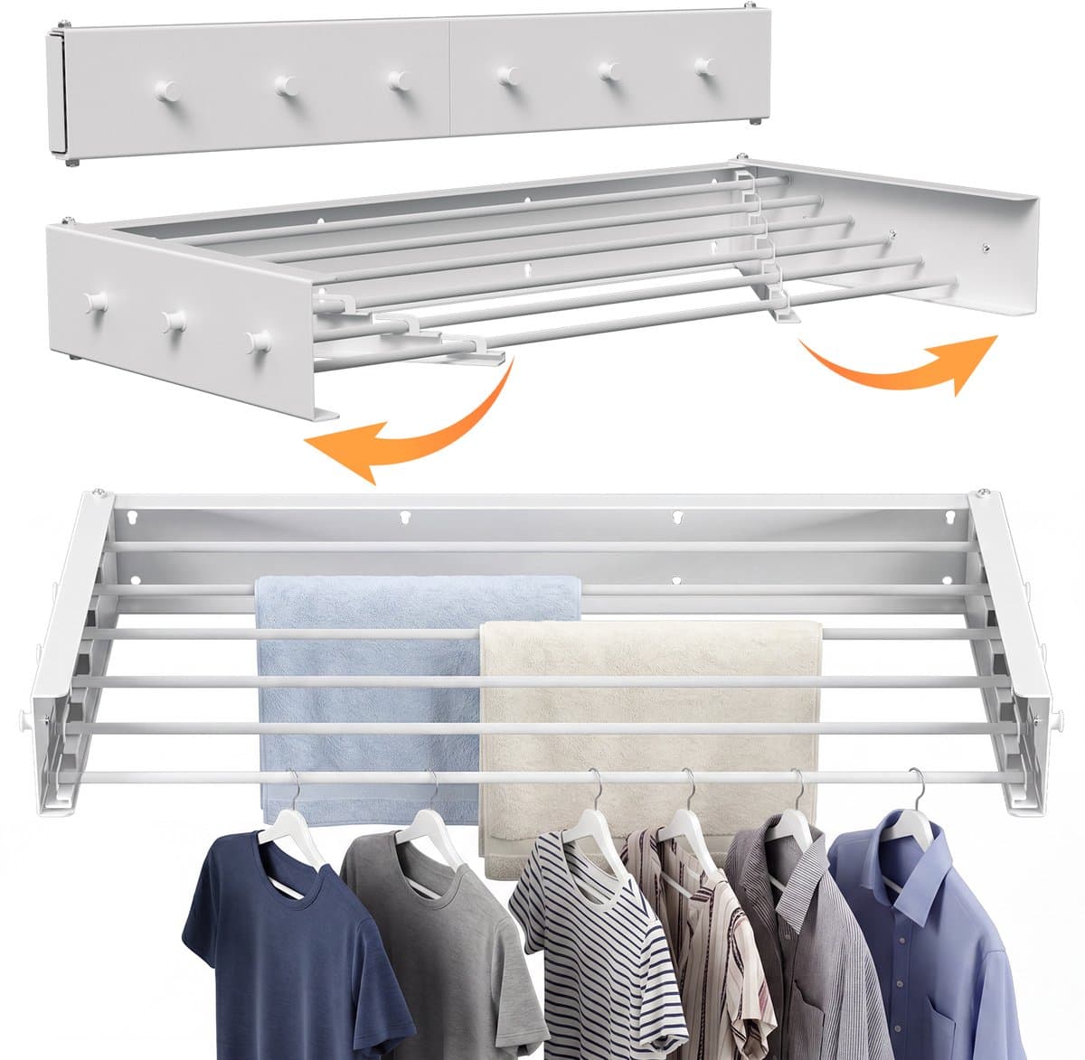 Wanddroogrek 100 cm - Wasrek Inklapbaar - 6 Droogstangen - Wasrek Hangend - Droogrek - Inklapbaar Droogrek - Droogrek Muur - Wit — afbeelding 1