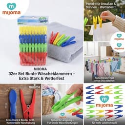 - Wasknijpers - Kunststof knijpers - Antislip grip - Kleurrijke kleuren - Set van 32 - Geschikt voor binnen en buiten - Robuuste klemmen — thumbnail 2