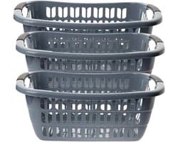 3-delige set, grote wasbak, grijs, 55 x 37 x 20 cm, 30 liter, wasmand, kunststof, made in EU, stapelbaar, met handgrepen, ventilatiegaten