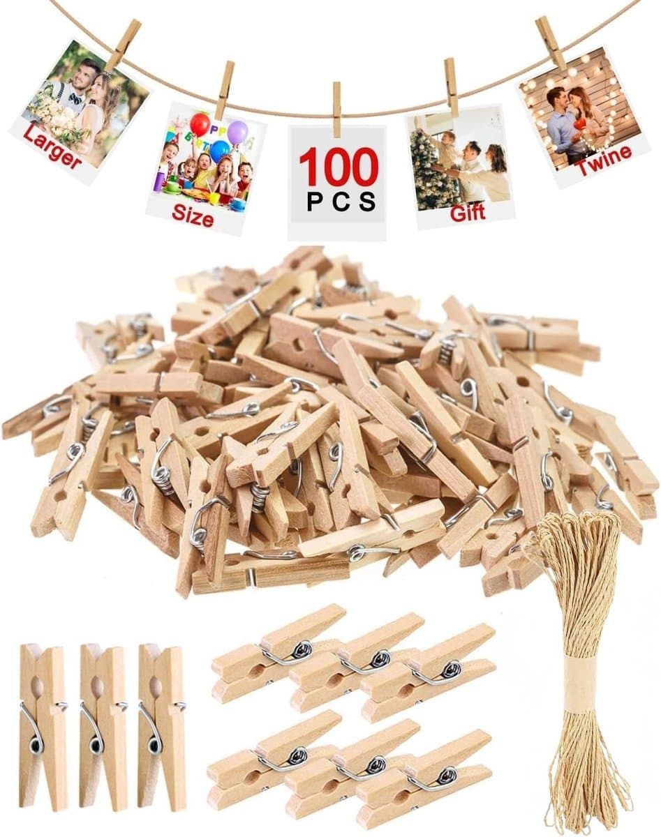 100 stuks - Kleine houten mini knijpers - 3 cm - Met 10 m jute twine - Fotoknijpers - Fotoclips om op te hangen - Clips - Clips om kerstkaarten op te hangen - Geschikt voor knutselwerk, ansichtkaarten, decoraties en fotopresentaties — afbeelding 1