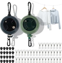Waslijn uittrekbaar camping, uittrekbare waslijn met handslinger 10 m, draagvermogen 50 kg, incl. 20 klemmen, 10 vaste gespen, set van 2 zwart/groen, voor camper, vanlife & backpacking — thumbnail 1
