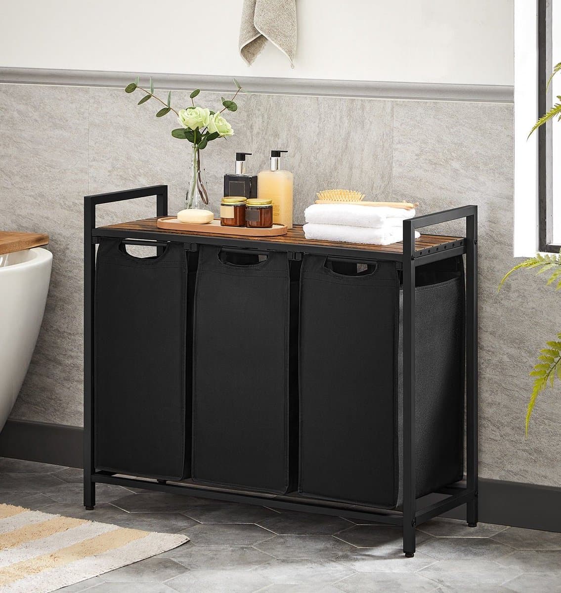 Signature Home Giant Wassorteerder met 3 verwijderbare zakken, metalen frame, 3 x 38 liter, vintage bruin/zwart, 92,5 x 33 x 71 cm — afbeelding 1