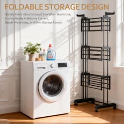 Soontrans Metalen Wasrek Met Wielen – Inklapbaar & Uitschuifbaar, 3 Verdiepingen Droogtoren 66x50x170cm, Multifunctioneel Voor Binnen/Buiten/Balkon, Stevig en Langleven, Inclusief 2 Sokkenclips en 1 Dubbellaagse Droogmand (Zwart) — thumbnail 4