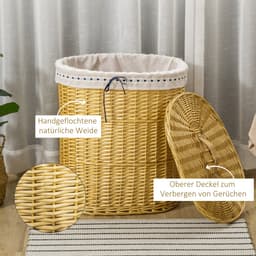 Clruro Waskorf - 51 x 38 x 57 cm - Wasmand met Deksel - 100L - Rieten Waszak - Natuur — thumbnail 5