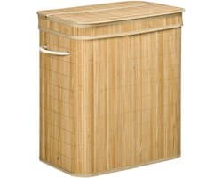 Waskorf - 54,2 x 35,2 x 59,5 cm - 2 Vakken met Verwijderbare Waszak - 90L - Bambus - Wit