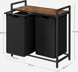 xDays Wasmand 2 vakken – uitschuifbaar met plank - 73 x 33 x 71 cm - wassorteerder - 88 liter verdeeld over 2 zakken – wasmanden zwart metaal en bruin hout — thumbnail 3