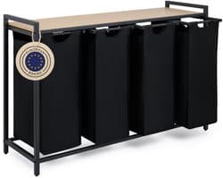 Blumtal Wasmand met 4 vakken - Wasmand met bamboe plank - Metalen frame - Wasmand met poten - Zwart