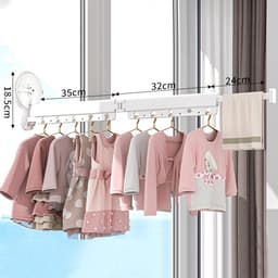 Intrekbaar droogrek voor wandkleding met zuignap - aluminium kledingrek met 10/15 haken en verlengstang - wit - voor balkon, wasruimte, badkamer — thumbnail 2