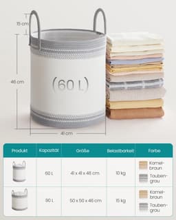 SONGMICS RLH060G01 - Wasmand van Katoentouw met Handgrepen - Voor Dekens en Kledingopslag - Geschikt voor Slaapkamer en Wasruimte — thumbnail 2