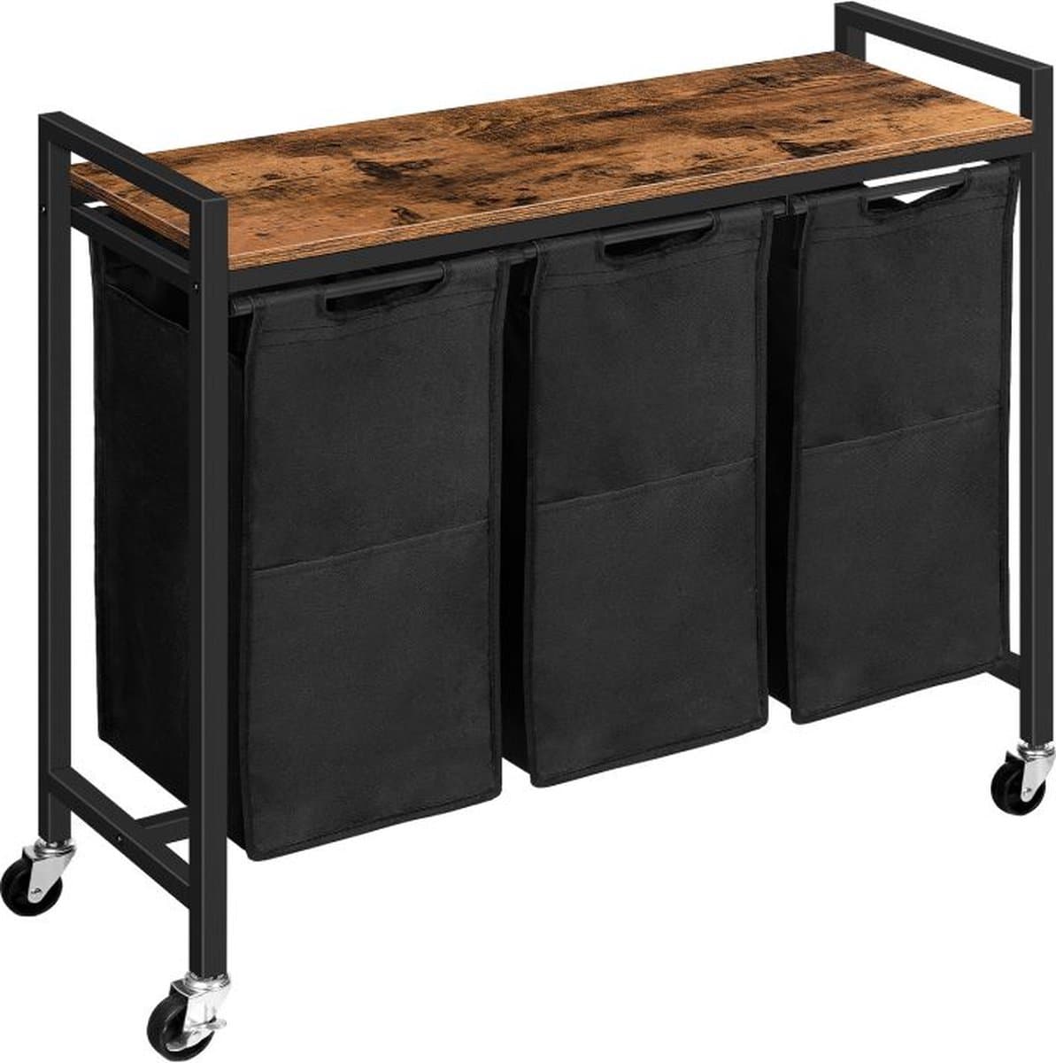 Wasmand 3 vakken – Was sorteerder - Op wielen - 84 x 30 x 74,5 cm – Wasmand - 168L verdeeld over 3 zakken – Wasmanden – Wasmand zwart metaal - Bruin hout - Met wielen — afbeelding 1