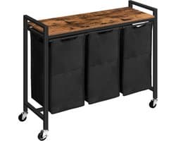 Wasmand 3 vakken – Was sorteerder - Op wielen - 84 x 30 x 74,5 cm – Wasmand - 168L verdeeld over 3 zakken – Wasmanden – Wasmand zwart metaal - Bruin hout - Met wielen