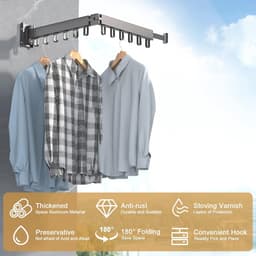 Intrekbaar Wanddroogrek voor Kleding met Handdoekhouder - Opvouwbaar Aluminium Droogrek voor Balkon, Badkamer en Terras — thumbnail 3