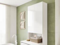 PLATAN ROOM Wasmachinekast, badkamer, hoge kast, bovenbouwkast voor wasmachine en wasdroger, 210 x 65 x 50/56 cm, wit (mat wit/wit hoogglans, 56 cm diep) — thumbnail 5