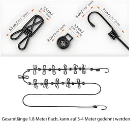 Dailygoods- Waslijn Draagbaar - Oprolbaar - Elastisch - 12 Klemmen - Uittrekbaar 180/360 cm - Lichtgewicht en Compact - Reiswaslijn — thumbnail 2