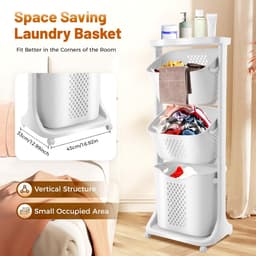 Wasmand 3 vakken - Wasverzamelaar Sorteerder - Kleding Opbergen - Met 4 Wielen - 43 x 33 x 109 cm — thumbnail 3
