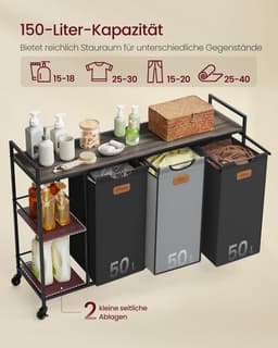 FurnStar Wasmand 3 Vakken – Wassorteerder 150L met Rollen en Planken – Afneembare Waszakken – 6 Etiketten – 117 x 33 x 80,5 cm – Kastanjebruin - Inktzwart & Duifgrijs — thumbnail 3