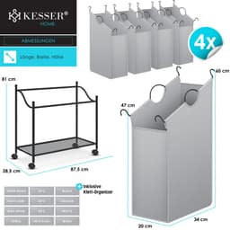 KESSER® Wasmand op Wieltjes met 4 Uitneembare Vakken - Wassorteerder Waszak - Grijs — thumbnail 3