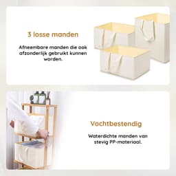 Eleganca Wassorteerder 3 Vakken - Wasmand - Met Wieltjes - H121 x L42 x B34 - Bamboe Naturel — thumbnail 4