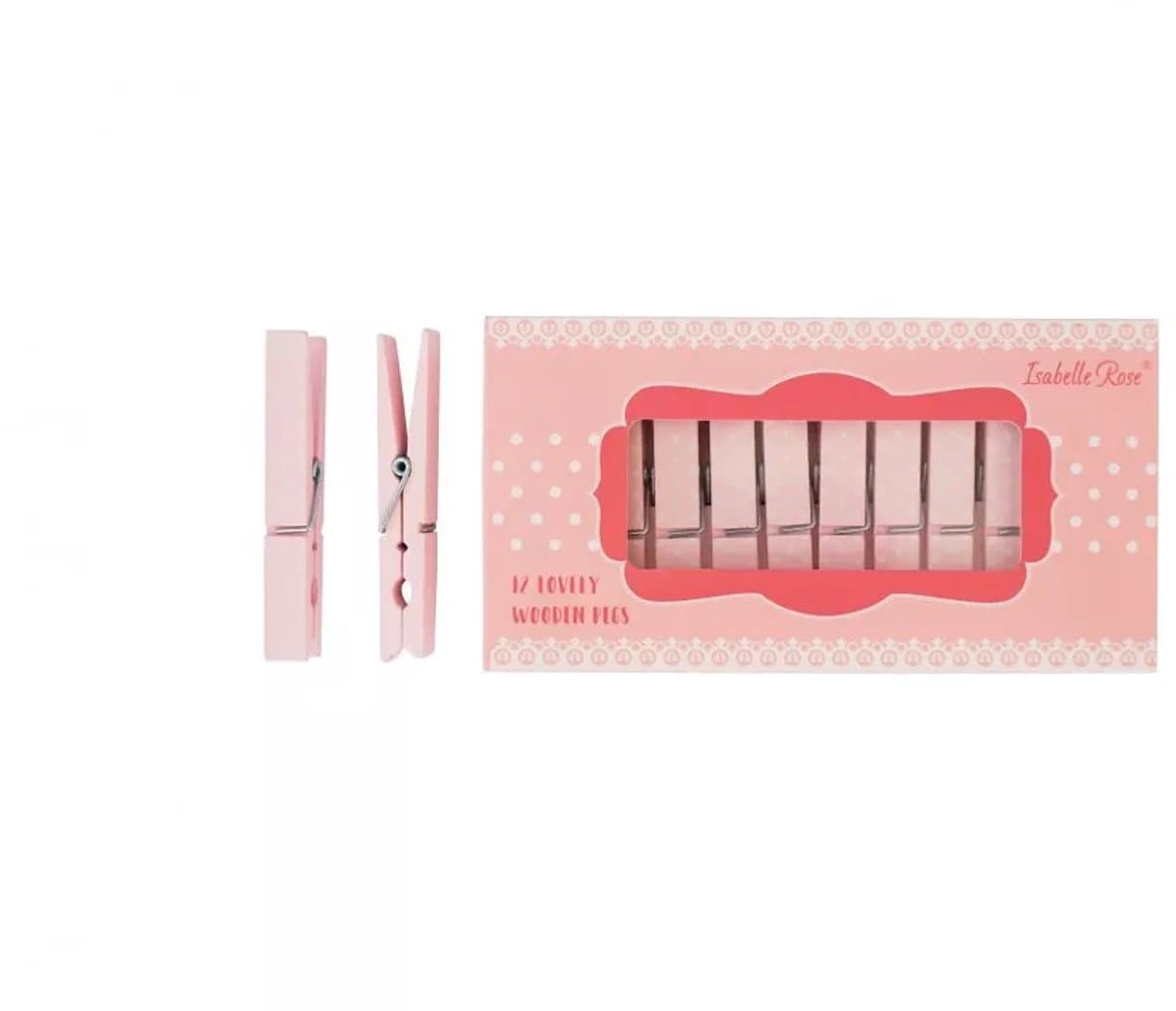 Isabella Rose - grote houten wasknijpers - 12 stuks - roze met witte stippen — afbeelding 1