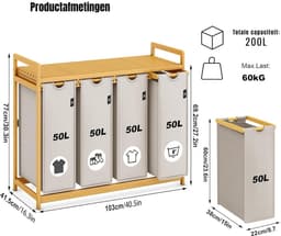 Nexvo® Wasmand 4 Vakken - Wassorteerder - Wasmand - met Verwijderbare Waszak - Licht Grijs/Beige- 107cm x 42cm x 77cm — thumbnail 4