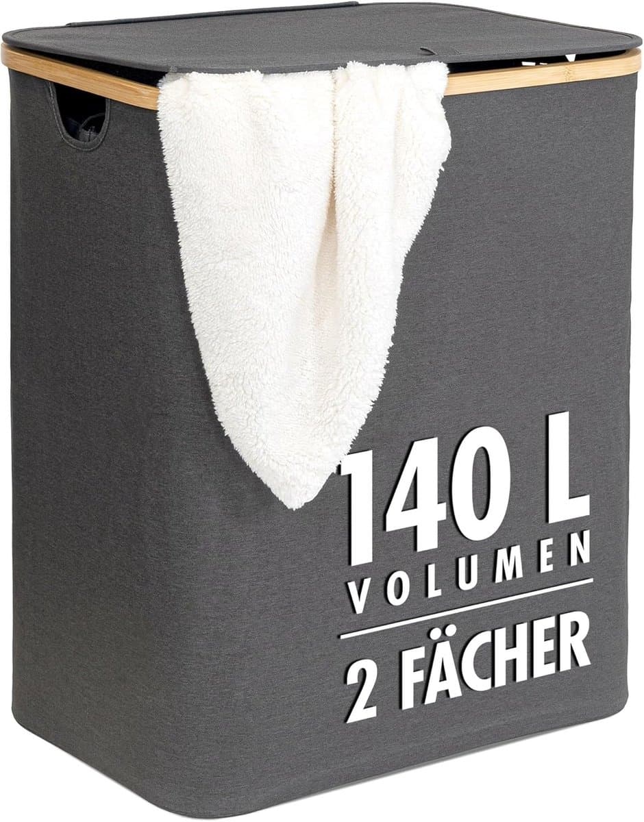 Wasmand 140 liter met deksel en bamboe frame | 2 vakken en uitneembare waszakken | Opvouwbare en stijlvolle oplossing voor wasgoed — afbeelding 1