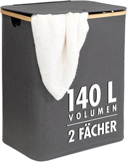 Wasmand 140 liter met deksel en bamboe frame | 2 vakken en uitneembare waszakken | Opvouwbare en stijlvolle oplossing voor wasgoed — thumbnail 1