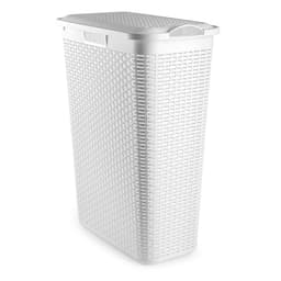 Plasticforte Smalle Wasmand met deksel Rotan - 2x - wit - gevlochten kunststof - 48 liter - 27 x 46 x 60 cm — thumbnail 2