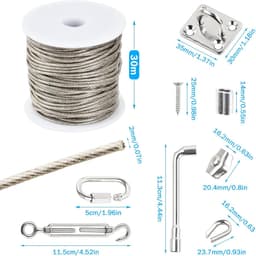 Waslijnenset 2 mm, waslijn voor buiten, 7 x 7 cm, pvc-gecoat met 4 spanners, 20 hulzen, 4 vierkante haken, 4 karabijnhaken, staalkabel voor gordijnen, roestvrij staaldraad (2 mm) — thumbnail 3