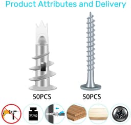 50 stuks Gipskartonpluggen, zelfborende Rigipspluggen, metalen holle muurpluggen, pluggen met schroeven, voor bevestiging in steen, bakstenen, beton, gipsplaten en meer — thumbnail 5