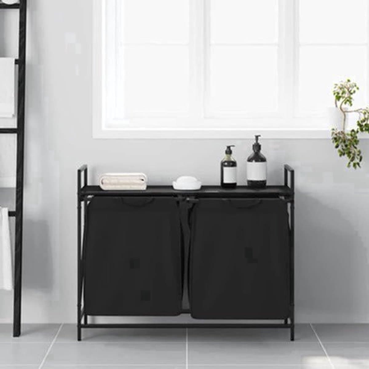 Wasmand – Laundry Basket – Wasbox – Wasopberger – Waszakken – Met Twee Compartimenten – Bovenste Opbergrek – Zwart Stalen Frame – Eiken Houtlook — afbeelding 1