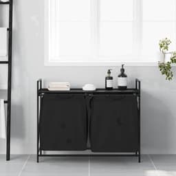 Wasmand – Laundry Basket – Wasbox – Wasopberger – Waszakken – Met Twee Compartimenten – Bovenste Opbergrek – Zwart Stalen Frame – Eiken Houtlook — thumbnail 1