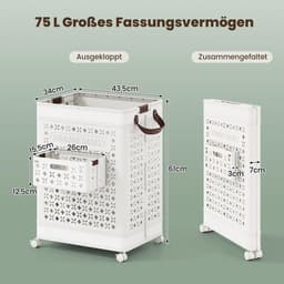 COSTWAY Wasmand op wielen, 75 liter, ruimtebesparend, opbergdoos, waterdicht, met ondergoedmand en handgrepen, opvouwbare wasmand, 43,5 x 34 x 61 cm, wit — thumbnail 2