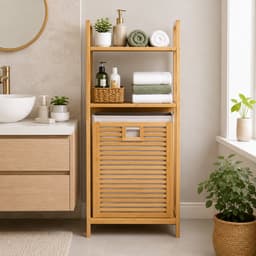 HEM Bamboe Badkamerrek met Wasmand 40x30x95 cm - Wasmandrek met 2 Opbergplanken - Badkamer Organizer - Inclusief Microvezeldoekje — thumbnail 5