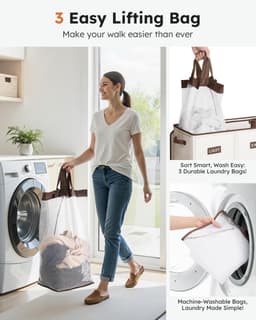 SnelShoppen - 200L Wasmand met Deksel - Wasverzamelaar 3 Vakken met 3 Waszakken - Grote XXXL Wassorteerder voor Badkamer, Slaapkamer, Wasruimte, Kinde — thumbnail 3
