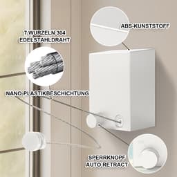 Dailygoods- Waslijn Uittrekbaar 4,2 m - Wandmontage - Roestvrijstalen Staaldraad - Duurzaam - Waterdicht - Eenvoudige Installatie - Wasdroger — thumbnail 4
