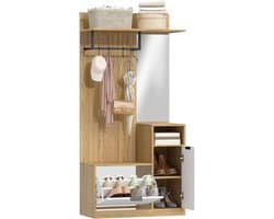 Halmeubel combinatie met kapstok, zitbank en schoenenkast - 4 haken en kledingstang - Ingebouwde schoenenkast - Afsluitbaar opbergkastje - Eikenhout en wit