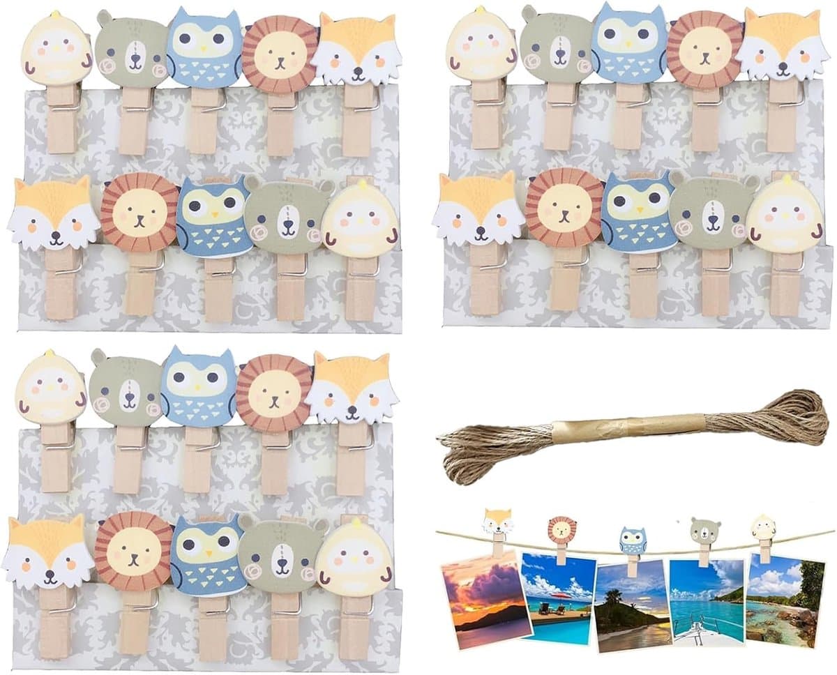 SnelShoppen - Houten Klemmen Klein met Bosdieren Motief 3.5 cm Mini Kleding Klemmen Hout - 30 Stuks + 10 m Jute Touw voor Foto's, Postkaarten, DIY en — afbeelding 1