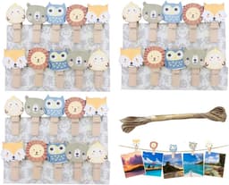 SnelShoppen - Houten Klemmen Klein met Bosdieren Motief 3.5 cm Mini Kleding Klemmen Hout - 30 Stuks + 10 m Jute Touw voor Foto's, Postkaarten, DIY en — thumbnail 1