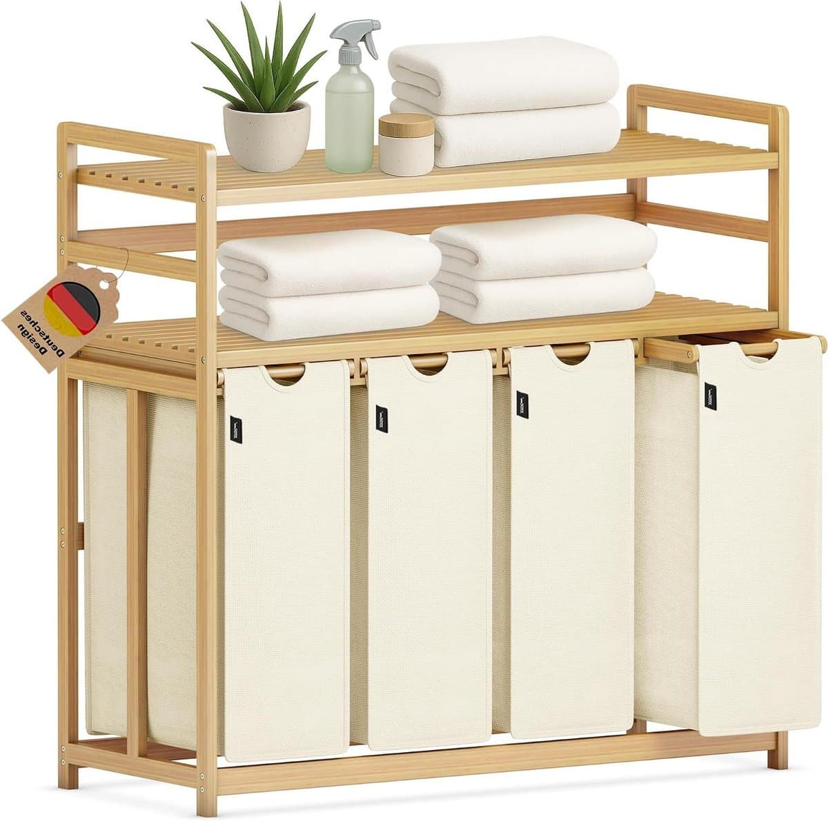 Wasmand Met Vakken - Kleding Opberger - Sorteer Wasgoed - Dubbele Bamboe Plank - 198 Liter - Beige — afbeelding 1