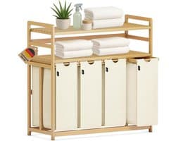 Wasmand Met Vakken - Kleding Opberger - Sorteer Wasgoed - Dubbele Bamboe Plank - 198 Liter - Beige