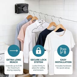 Dailygoods - Intrekbare waslijn, 5,1 m, niet-doorhangende wandgemonteerde waslijn, roestvrij staal, binnenwaslijn voor binnen en buiten, balkon, bijkeuken — thumbnail 4