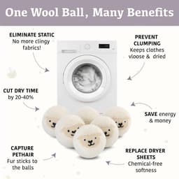 SnelShoppen - Wool Dry Balls - 6 Stuks, 100% Natuurlijk Wol, Snellere Droogtijd, Schattig Dierontwerp, Maakt Was Zacht, Opbergdoos Inclusief, Wit — thumbnail 2