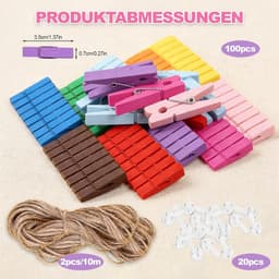 SnelShoppen - 100 Stuks Mini Houten Kledingknijpers voor Foto's, Kleurige Mini Klemmen met 10m Jute Touw voor Creatieve Fotocollages, Postkaarten en C — thumbnail 3