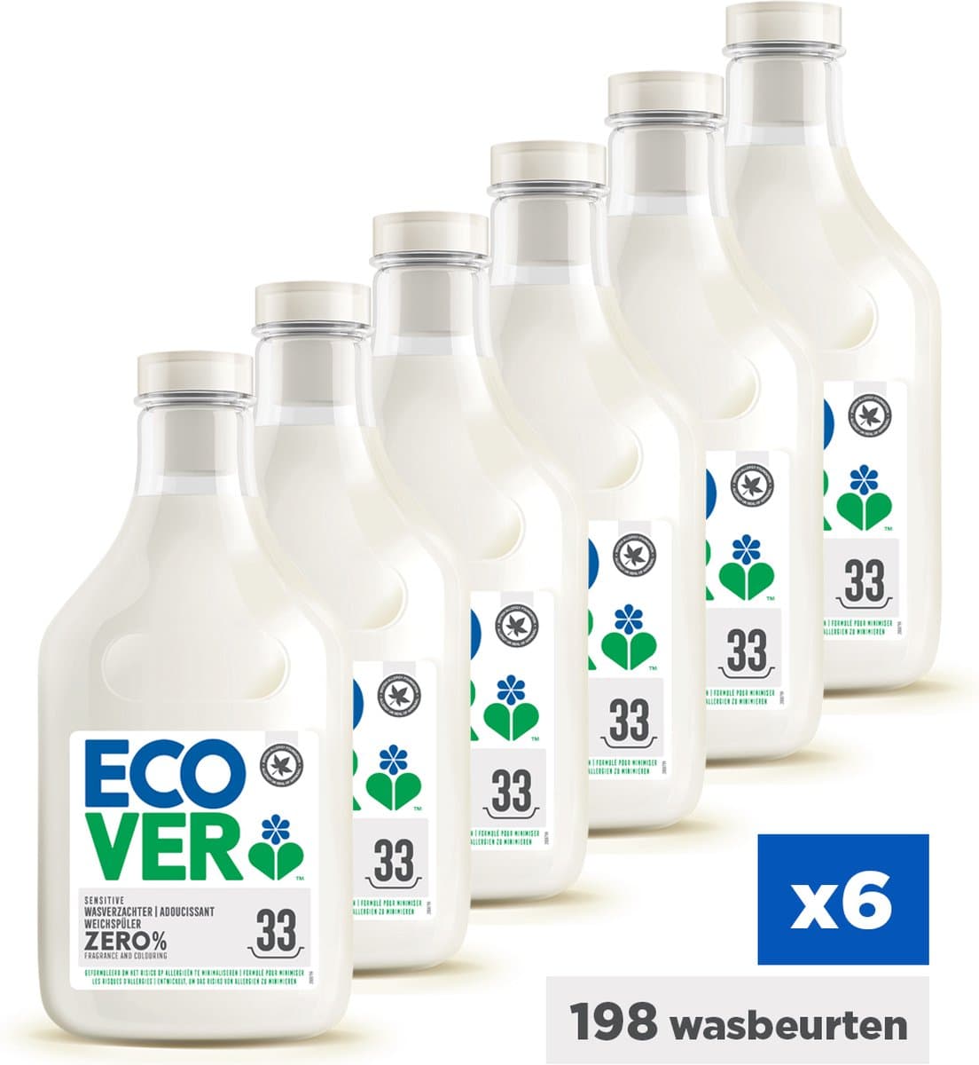 Ecover Zero - Wasverzachter - Voordeelverpakking 6 x 1 L - 198 wasbeurten - 0 % parfum & kleurstoffen - hypoallergeen - Plantaardig & Biologisch afbreekbaar - Dermatologisch getest — afbeelding 1