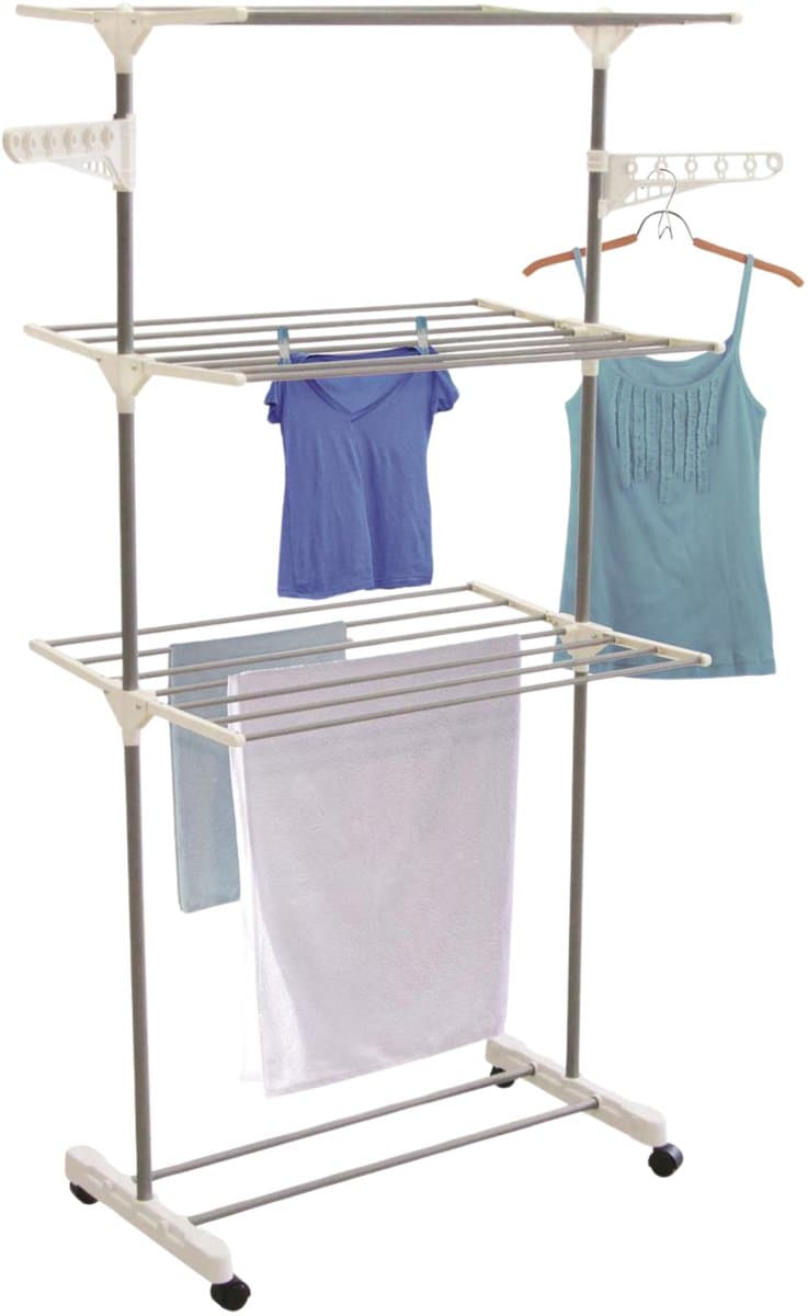 Droogtoren - op Wieltjes - 3 Laags - Wasrek - Droogmolen - Wit - Droogrek - Metaal - Opvouwbaar — afbeelding 1