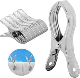 6 extra grote roestvrijstalen strandhanddoekclips - winddichte metalen wasknijpers voor ligbedden en zwembadstoelen - jumbo strandharingen voor handdoeken en lakens — thumbnail 1