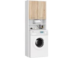 Badkamerkast voor Wasmachine FIN / Hoge Wasmachinekast met 2 Deuren / AKORD Furniture Factory / Wit - Sonoma Eik / 64 x 180 x 30 cm