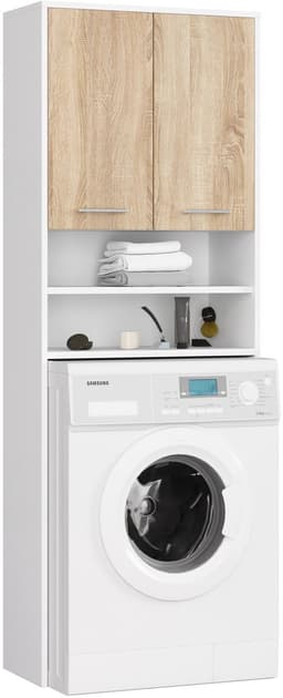 Badkamerkast voor Wasmachine FIN / Hoge Wasmachinekast met 2 Deuren / AKORD Furniture Factory / Wit - Sonoma Eik / 64 x 180 x 30 cm — thumbnail 1